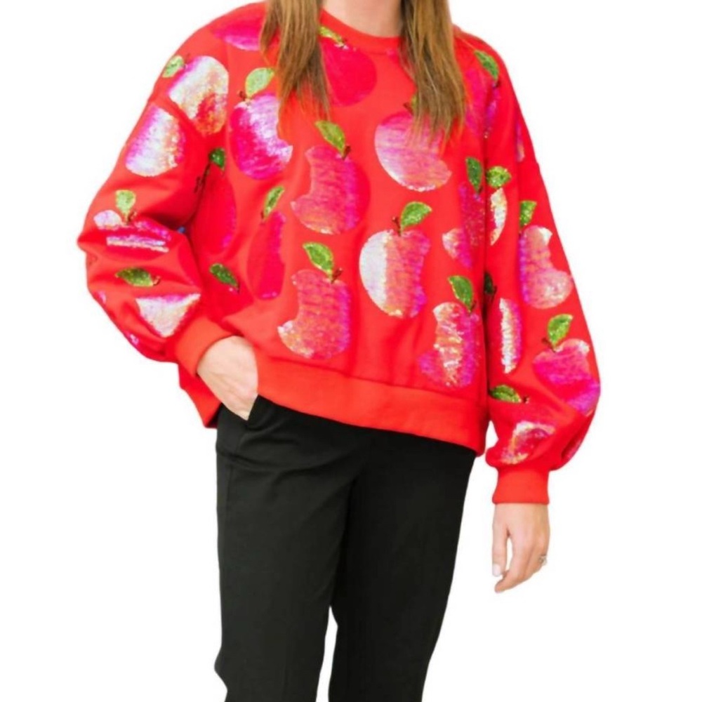 QUEEN OF SPARKLES Red Sequin Apple Sweatshirt